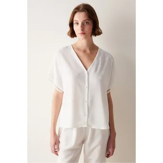Penti, Bluza de pijama cu decolteu in V si detalii brodate, Alb, L