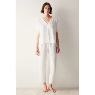 Penti, Bluza de pijama cu decolteu in V si detalii brodate, Alb, L