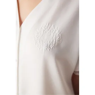 Penti, Bluza de pijama cu decolteu in V si detalii brodate, Alb, L