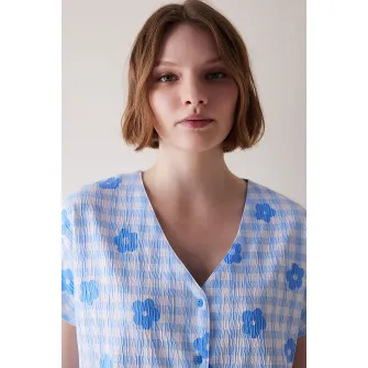 Penti, Bluza de pijama cu imprimeu si maneci scurte, Albastru pastel, XL
