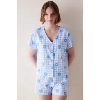 Penti, Bluza de pijama cu imprimeu si maneci scurte, Albastru pastel, XL