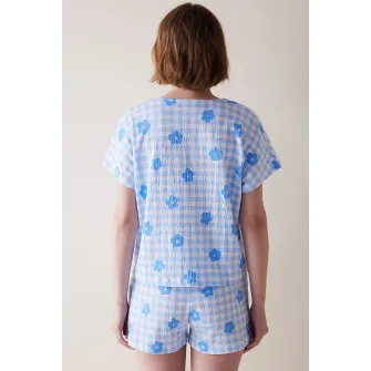 Penti, Bluza de pijama cu imprimeu si maneci scurte, Albastru pastel, XL