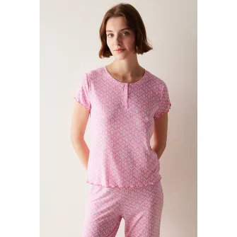 Penti, Bluza de pijama cu model si maneci scurte, Roz pastel, L