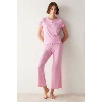 Penti, Bluza de pijama cu model si maneci scurte, Roz pastel, L