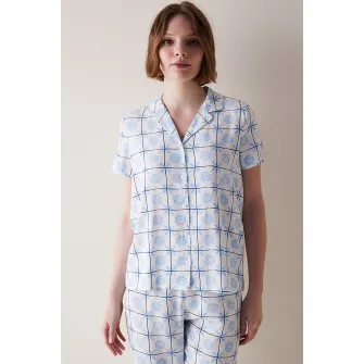 Penti, Bluza de pijama cu nasturi si imprimeu, Alb, Albastru, S