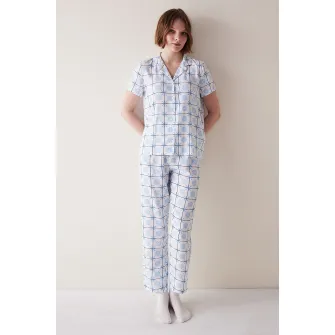Penti, Bluza de pijama cu nasturi si imprimeu, Alb, Albastru, S