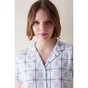 Penti, Bluza de pijama cu nasturi si imprimeu, Alb, Albastru, S