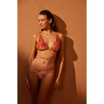 Penti, Sutien de baie cu imprimeu tropical si aspect stralucitor, Auriu, Roz, 42