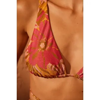 Penti, Sutien de baie cu imprimeu tropical si aspect stralucitor, Auriu, Roz, 42