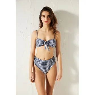 Penti, Sutien de baie cu model in carouri, Alb, Albastru marin, 38