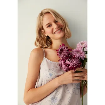 Penti, Top de pijama cu imprimeu floral, Albastru marin, Roz prafuit, L