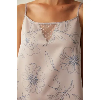 Penti, Top de pijama cu imprimeu floral, Albastru marin, Roz prafuit, L