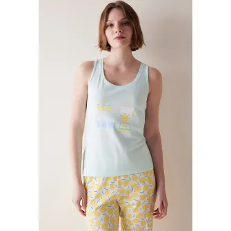 Penti, Top de pijama din bumbac cu imprimeu fructat, Galben, Albastru glaciar, S