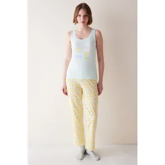 Penti, Top de pijama din bumbac cu imprimeu fructat, Galben, Albastru glaciar, S