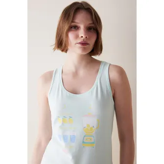 Penti, Top de pijama din bumbac cu imprimeu fructat, Galben, Albastru glaciar, S