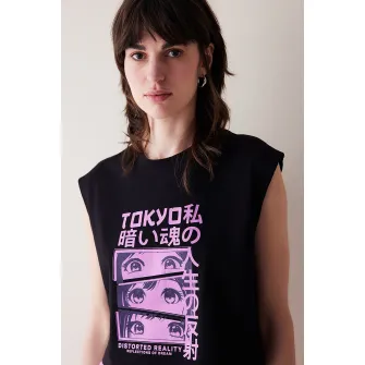 Penti, Tricou de pijama din bumbac cu imprimeu, Negru, Violet, L