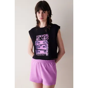 Penti, Tricou de pijama din bumbac cu imprimeu, Negru, Violet, L