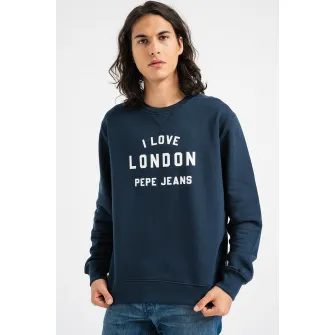 Pepe Jeans London, Bluza sport cu imprimeu si decolteu la baza gatului, Albastru marin, S