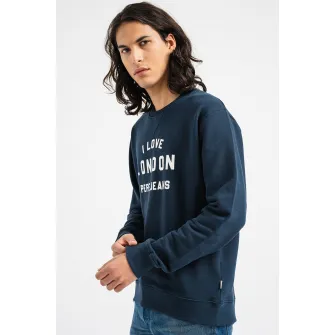 Pepe Jeans London, Bluza sport cu imprimeu si decolteu la baza gatului, Albastru marin, S