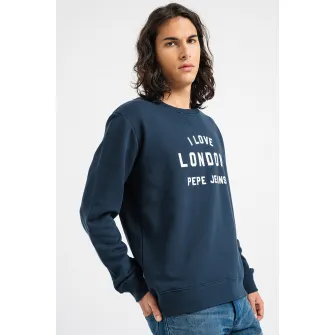 Pepe Jeans London, Bluza sport cu imprimeu si decolteu la baza gatului, Albastru marin, S