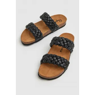 Pepe Jeans London, Papuci de piele ecologica cu aspect tesut, Negru, 38