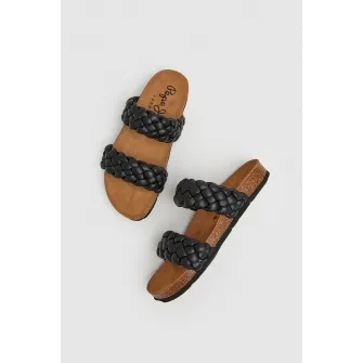 Pepe Jeans London, Papuci de piele ecologica cu aspect tesut, Negru, 38