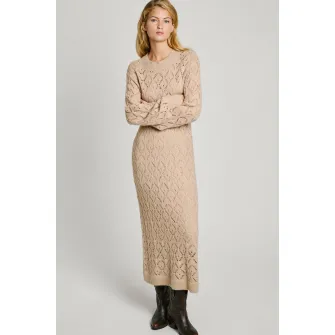 Pepe Jeans London, Rochie midi tricotata, din amestec de lana, cu perforatii, Bej, XS