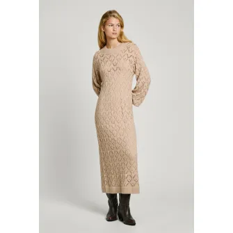 Pepe Jeans London, Rochie midi tricotata, din amestec de lana, cu perforatii, Bej, XS