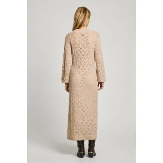 Pepe Jeans London, Rochie midi tricotata, din amestec de lana, cu perforatii, Bej, XS
