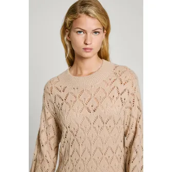 Pepe Jeans London, Rochie midi tricotata, din amestec de lana, cu perforatii, Bej, XS