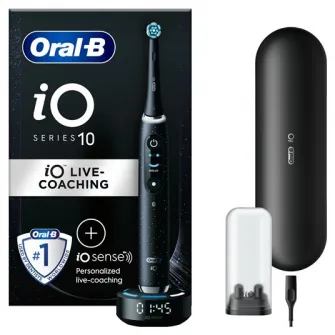 Periuta de dinti electrica Oral-B iO10 cu incarcator iOSense, Tehnologie Magnetica si Micro-Vibratii, Inteligenta artificiala, Display led, Senzor de presiune Smart, 7 moduri, 1 capat, Suport rezerve, Trusa de calatorie cu incarcator, Negru