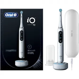 Periuta de dinti electrica Oral-B iO10 cu incarcator iOSense, Tehnologie Magnetica si Micro-Vibratii, Inteligenta artificiala, Display led, Senzor de presiune Smart, 7 moduri, 1 capat, Suport rezerve, Trusa de calatorie cu incarcator, Alb