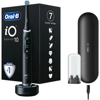 Periuta de dinti electrica Oral-B iO10 cu incarcator iOSense, Tehnologie Magnetica si Micro-Vibratii, Inteligenta artificiala, Display led, Senzor de presiune Smart, 7 moduri, 1 capat, Suport rezerve, Trusa de calatorie cu incarcator, Negru
