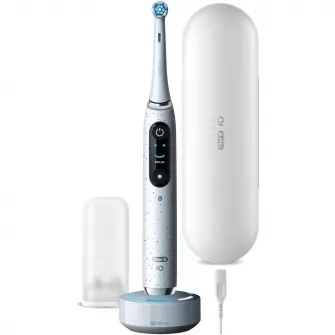 Periuta de dinti electrica Oral-B iO10 cu incarcator iOSense, Tehnologie Magnetica si Micro-Vibratii, Inteligenta artificiala, Display led, Senzor de presiune Smart, 7 moduri, 1 capat, Suport rezerve, Trusa de calatorie cu incarcator, Alb