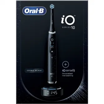 Periuta de dinti electrica Oral-B iO10 cu incarcator iOSense, Tehnologie Magnetica si Micro-Vibratii, Inteligenta artificiala, Display led, Senzor de presiune Smart, 7 moduri, 1 capat, Suport rezerve, Trusa de calatorie cu incarcator, Negru