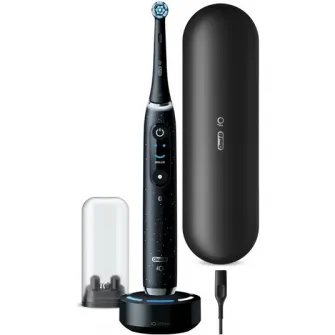 Periuta de dinti electrica Oral-B iO10 cu incarcator iOSense, Tehnologie Magnetica si Micro-Vibratii, Inteligenta artificiala, Display led, Senzor de presiune Smart, 7 moduri, 1 capat, Suport rezerve, Trusa de calatorie cu incarcator, Negru