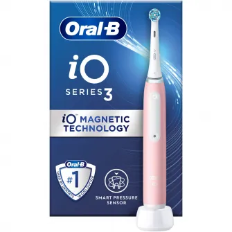 Periuta de dinti electrica Oral-B iO3 cu Tehnologie Magnetica si Micro-Vibratii, Senzor de presiune Smart, 3 moduri, 1 capat, Trusa de calatoriea, Roz