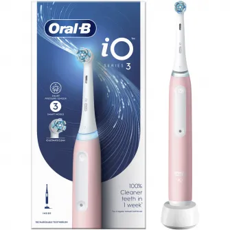 Periuta de dinti electrica Oral-B iO3 cu Tehnologie Magnetica si Micro-Vibratii, Senzor de presiune Smart, 3 moduri, 1 capat, Trusa de calatoriea, Roz