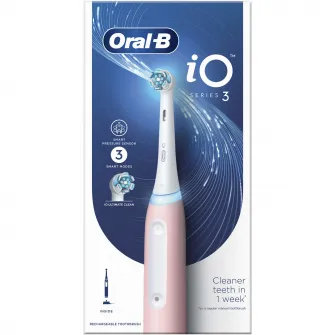 Periuta de dinti electrica Oral-B iO3 cu Tehnologie Magnetica si Micro-Vibratii, Senzor de presiune Smart, 3 moduri, 1 capat, Trusa de calatoriea, Roz