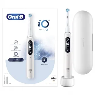 Periuta de dinti electrica Oral-B iO6 cu Tehnologie Magnetica si Micro-Vibratii, Inteligenta artificiala, Display led interactiv, Senzor de presiune Smart, Timer vizibil, 5 moduri, 1 capat, Trusa de calatorie, Alb