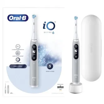 Periuta de dinti electrica Oral-B iO6 cu Tehnologie Magnetica si Micro-Vibratii, Inteligenta artificiala, Display led interactiv, Senzor de presiune Smart, Timer vizibil, 5 moduri, 1 capat, Trusa de calatorie, Gri
