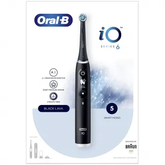 Periuta de dinti electrica Oral-B iO6 cu Tehnologie Magnetica si Micro-Vibratii, Inteligenta artificiala, Display led interactiv, Senzor de presiune Smart, Timer vizibil, 5 moduri, 1 capat, Trusa de calatorie, Negru