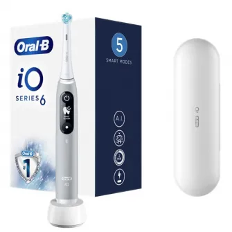 Periuta de dinti electrica Oral-B iO6 cu Tehnologie Magnetica si Micro-Vibratii, Inteligenta artificiala, Display led interactiv, Senzor de presiune Smart, Timer vizibil, 5 moduri, 1 capat, Trusa de calatorie, Gri