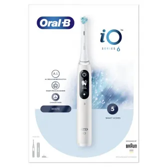 Periuta de dinti electrica Oral-B iO6 cu Tehnologie Magnetica si Micro-Vibratii, Inteligenta artificiala, Display led interactiv, Senzor de presiune Smart, Timer vizibil, 5 moduri, 1 capat, Trusa de calatorie, Alb