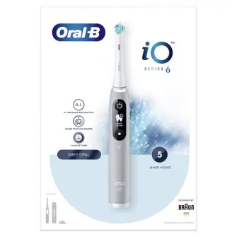 Periuta de dinti electrica Oral-B iO6 cu Tehnologie Magnetica si Micro-Vibratii, Inteligenta artificiala, Display led interactiv, Senzor de presiune Smart, Timer vizibil, 5 moduri, 1 capat, Trusa de calatorie, Gri