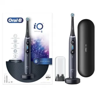 Periuta de dinti electrica Oral-B iO8 cu Tehnologie Magnetica si Micro-Vibratii, Inteligenta artificiala, Display led interactiv, Senzor de presiune Smart, Timer vizibil, 6 moduri, 1 capat, Suport rezerve, Incarcator magnetic, Trusa de calatorie, Negru