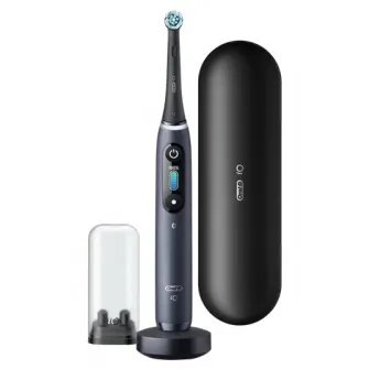 Periuta de dinti electrica Oral-B iO8 cu Tehnologie Magnetica si Micro-Vibratii, Inteligenta artificiala, Display led interactiv, Senzor de presiune Smart, Timer vizibil, 6 moduri, 1 capat, Suport rezerve, Incarcator magnetic, Trusa de calatorie, Negru