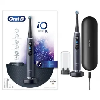 Periuta de dinti electrica Oral-B iO9 cu Tehnologie Magnetica si Micro-Vibratii, Inteligenta artificiala, Display led, Senzor de presiune Smart, Timer vizibil, 7 moduri, 1 capat, Suport rezerve, Incarcator magnetic, Trusa de calatorie cu incarcator, Negru