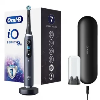 Periuta de dinti electrica Oral-B iO9 cu Tehnologie Magnetica si Micro-Vibratii, Inteligenta artificiala, Display led, Senzor de presiune Smart, Timer vizibil, 7 moduri, 1 capat, Suport rezerve, Incarcator magnetic, Trusa de calatorie cu incarcator, Negru