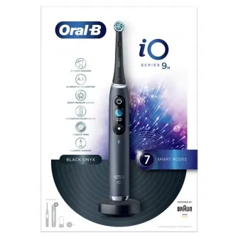Periuta de dinti electrica Oral-B iO9 cu Tehnologie Magnetica si Micro-Vibratii, Inteligenta artificiala, Display led, Senzor de presiune Smart, Timer vizibil, 7 moduri, 1 capat, Suport rezerve, Incarcator magnetic, Trusa de calatorie cu incarcator, Negru